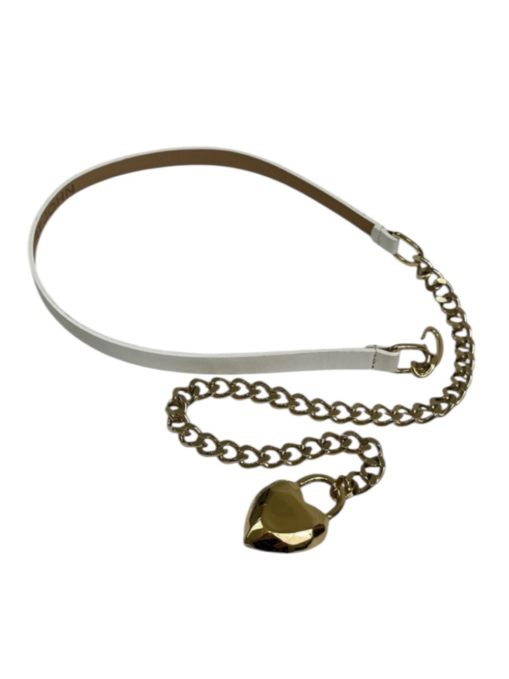 ST JOHN Skinny Chain Link & Leather Belt M/L Golden Heart Charm Rhinestones